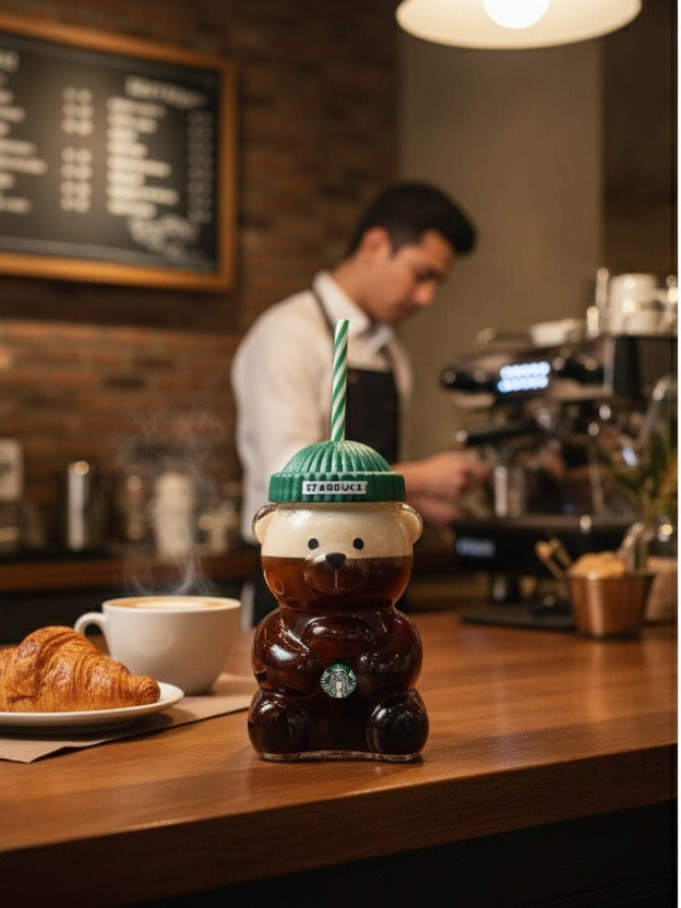 Starbucks Bear-Shaped Reusable Tumbler Cup with Straw & Lid (Cute Teddy Design)