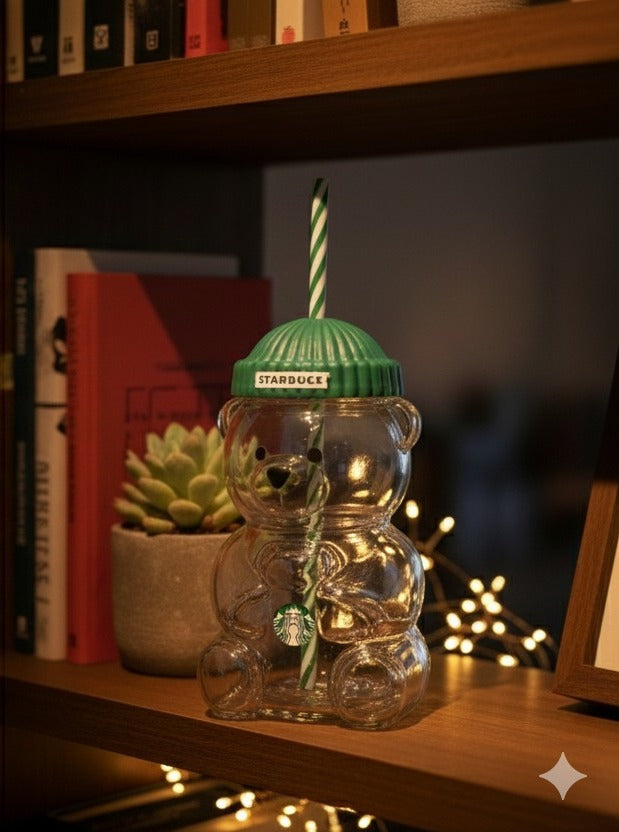 Starbucks Bear-Shaped Reusable Tumbler Cup with Straw & Lid (Cute Teddy Design)