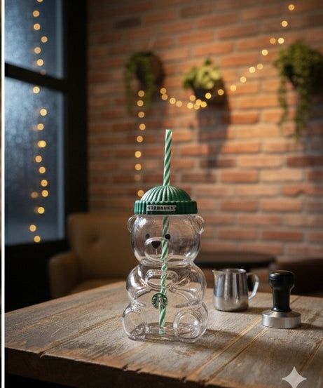 Starbucks Bear-Shaped Reusable Tumbler Cup with Straw & Lid (Cute Teddy Design)