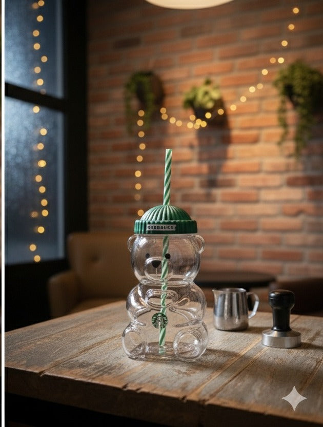 Starbucks Bear-Shaped Reusable Tumbler Cup with Straw & Lid (Cute Teddy Design)