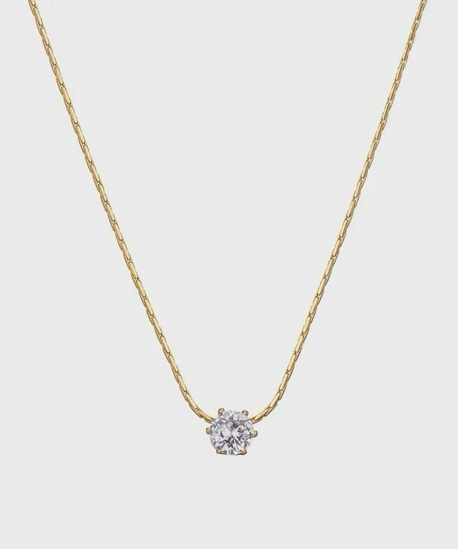 Stainless Steel Anti Tarnish Solitaire Crystal Necklace, Dainty Gold Chain Necklace, Waterproof Minimalist Jewelry, Gift for Women