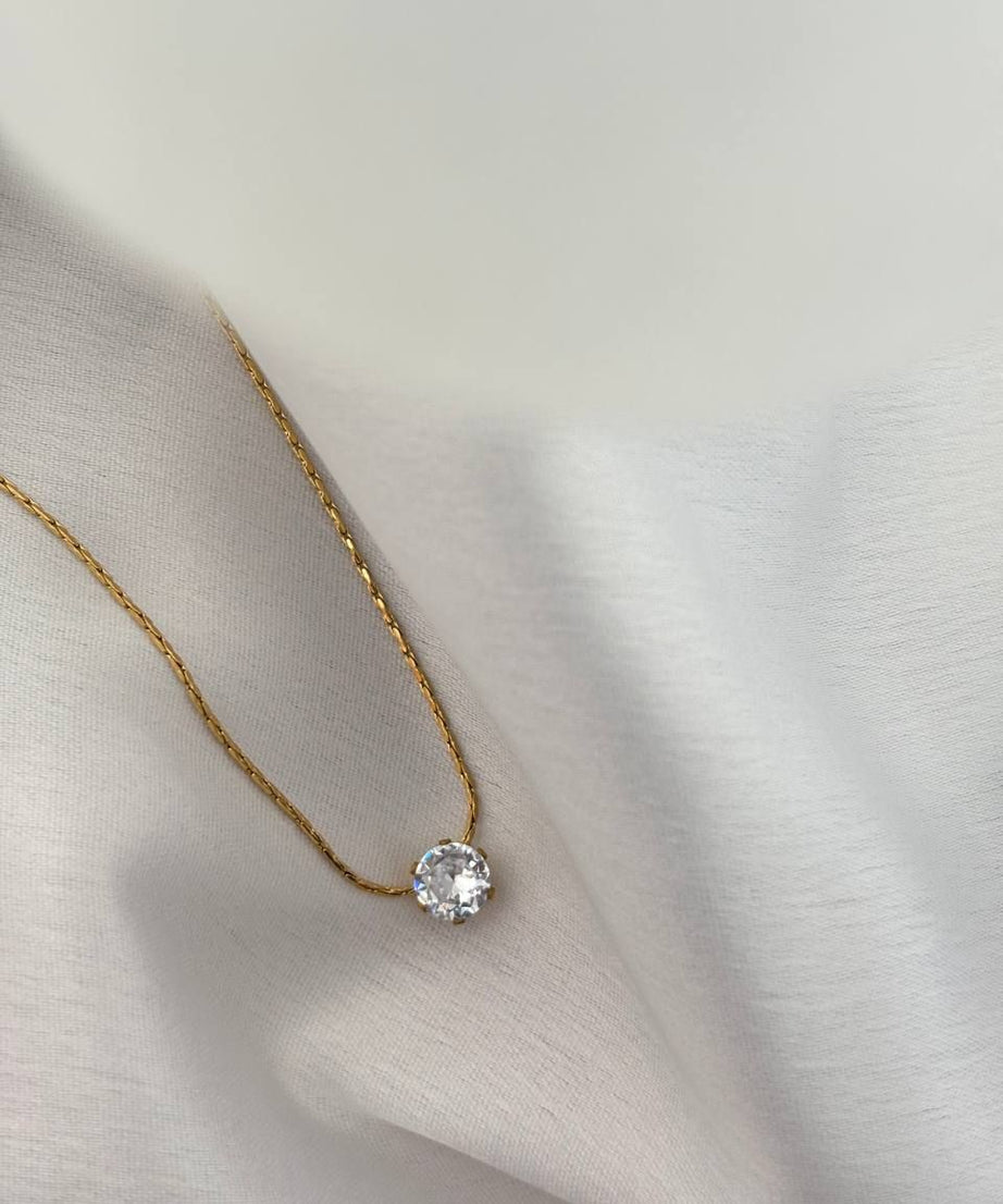 Stainless Steel Anti Tarnish Solitaire Crystal Necklace, Dainty Gold Chain Necklace, Waterproof Minimalist Jewelry, Gift for Women
