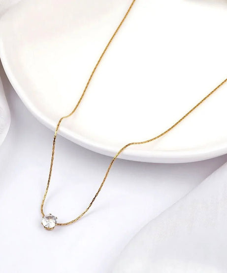 Stainless Steel Anti Tarnish Solitaire Crystal Necklace, Dainty Gold Chain Necklace, Waterproof Minimalist Jewelry, Gift for Women