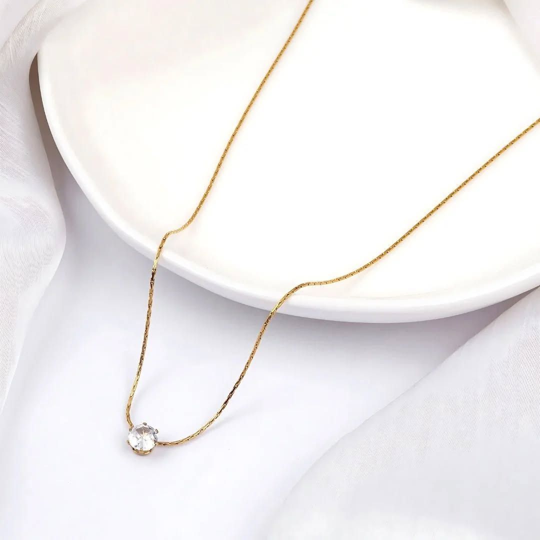 Stainless Steel Anti Tarnish Solitaire Crystal Necklace, Dainty Gold Chain Necklace, Waterproof Minimalist Jewelry, Gift for Women
