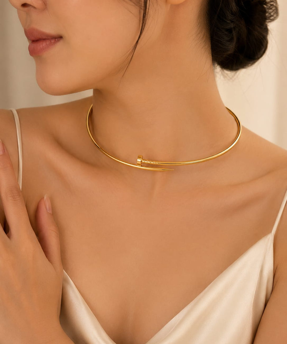 Gold Nail Stainless Steel Anti Tarnish Choker Necklace, Waterproof Minimalist Collar Necklace, Gift for Women's Jewellery