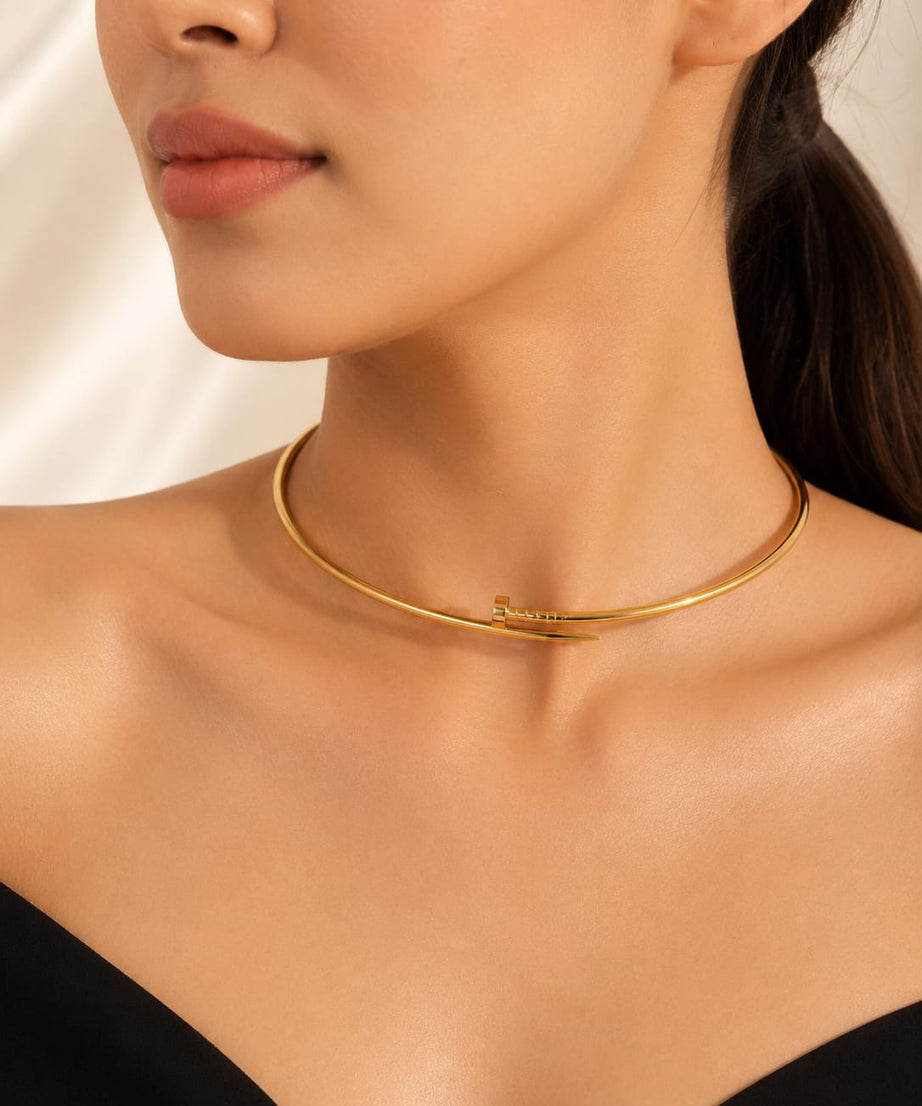 Gold Nail Stainless Steel Anti Tarnish Choker Necklace, Waterproof Minimalist Collar Necklace, Gift for Women's Jewellery