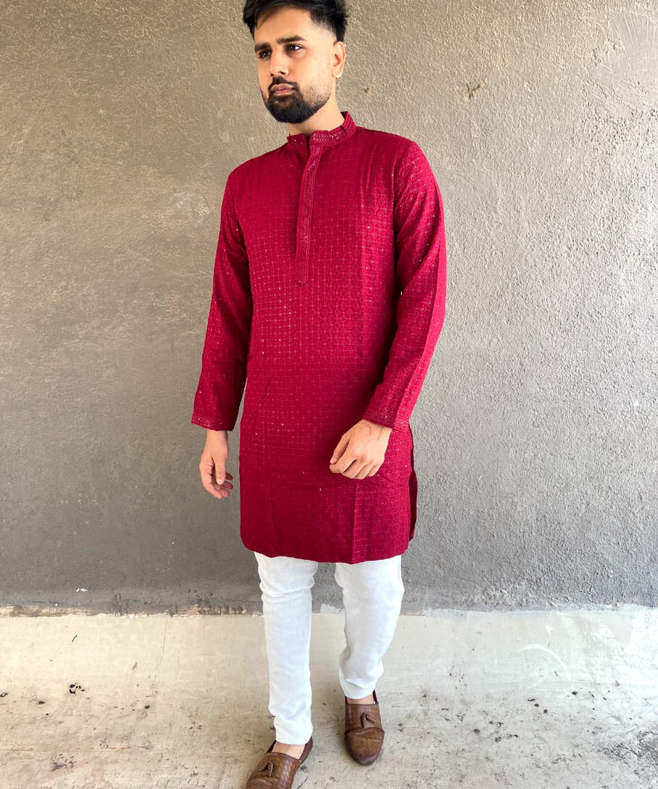 Heavy Rayon Chikan Work Kurta Pajama Set For Men's