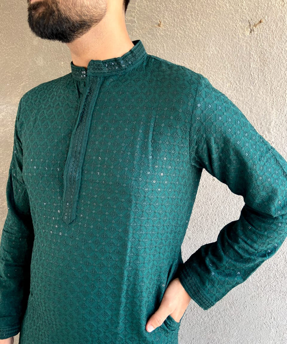Heavy Rayon Chikan Work Kurta Pajama Set For Men's