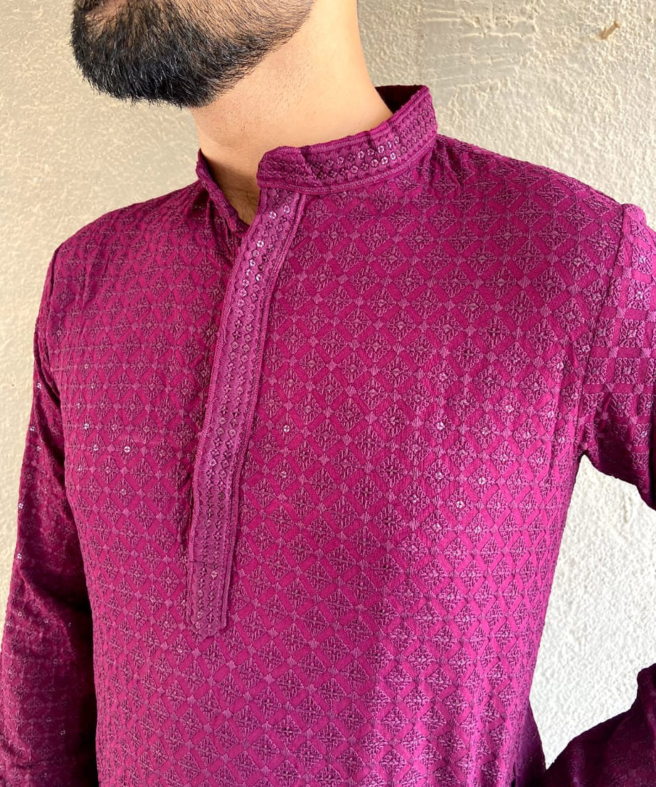Heavy Rayon Chikan Work Kurta Pajama Set For Men's