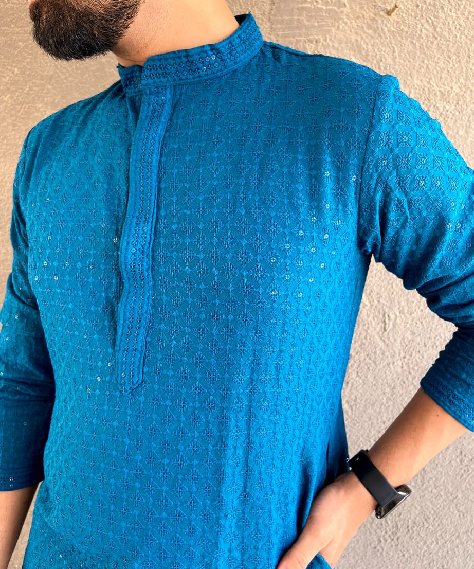 Heavy Rayon Chikan Work Kurta Pajama Set For Men's