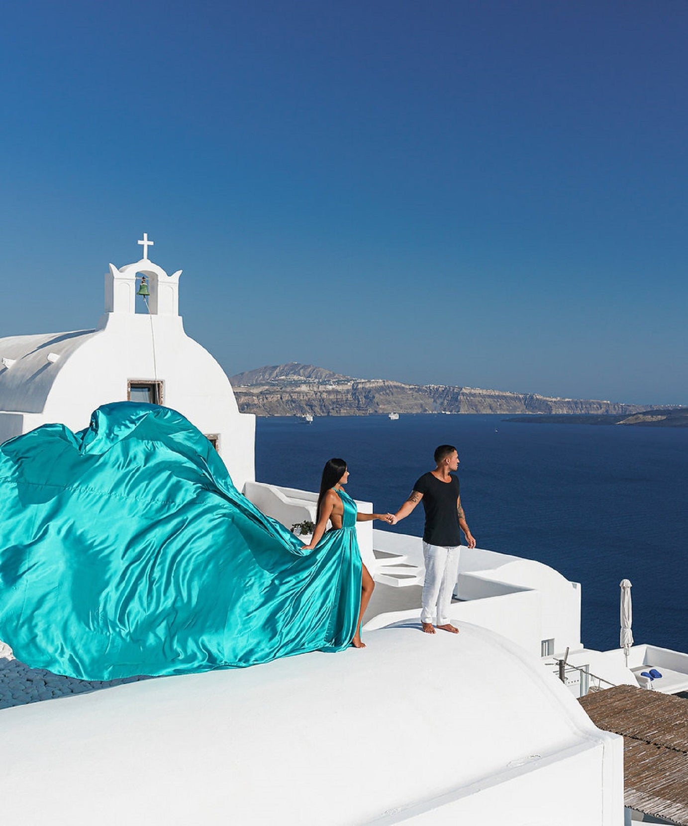 Satin Flying Dress Engagement Dress, Santorini Photoshoot Dress