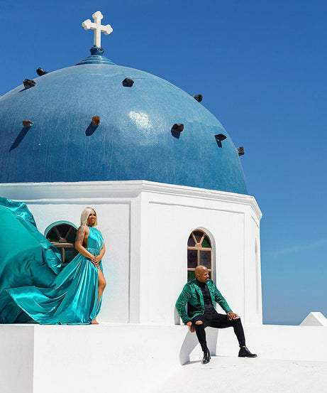 Satin Flying Dress Engagement Dress, Santorini Photoshoot Dress