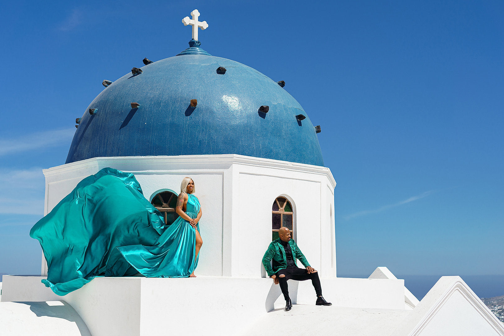 Satin Flying Dress Engagement Dress, Santorini Photoshoot Dress