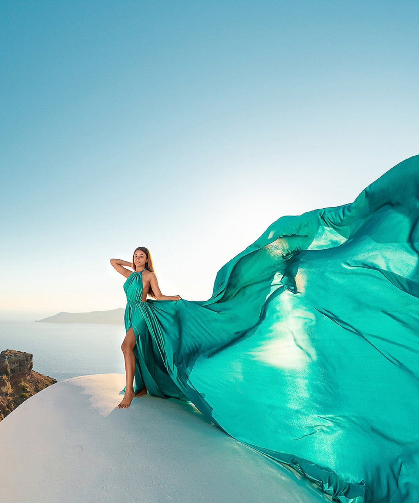 Satin Flying Dress Engagement Dress, Santorini Photoshoot Dress