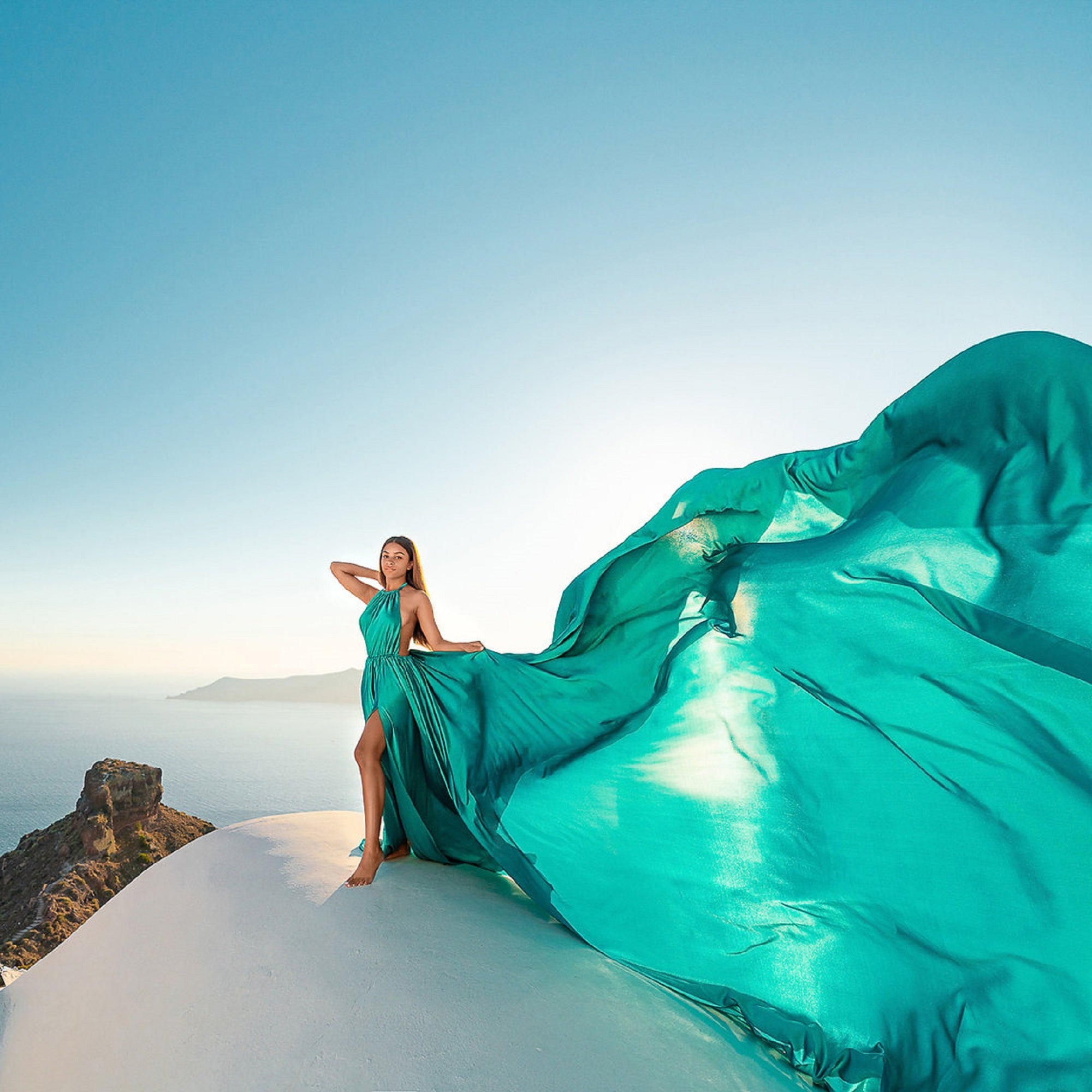 Satin Flying Dress Engagement Dress, Santorini Photoshoot Dress