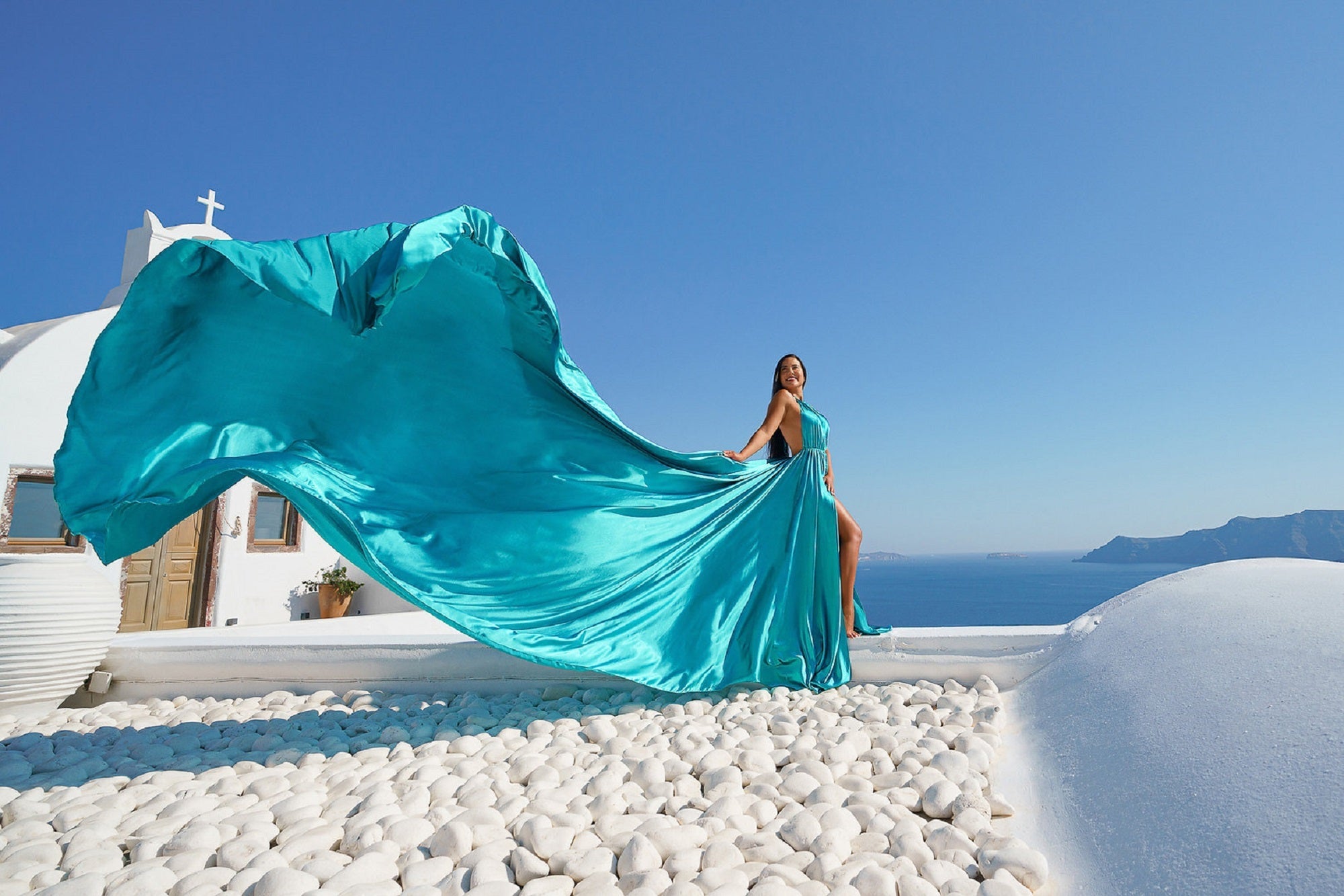 Satin Flying Dress Engagement Dress, Santorini Photoshoot Dress