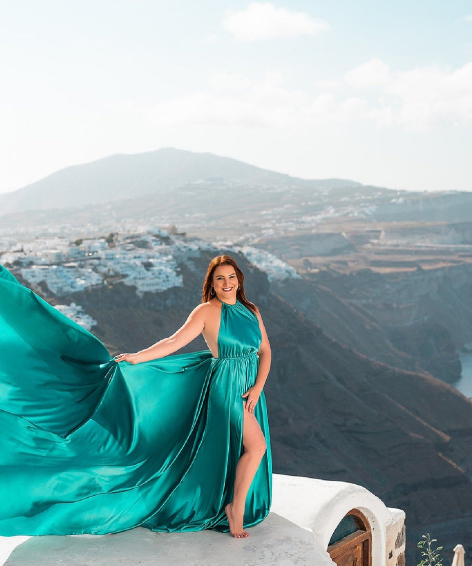 Satin Flying Dress Engagement Dress, Santorini Photoshoot Dress