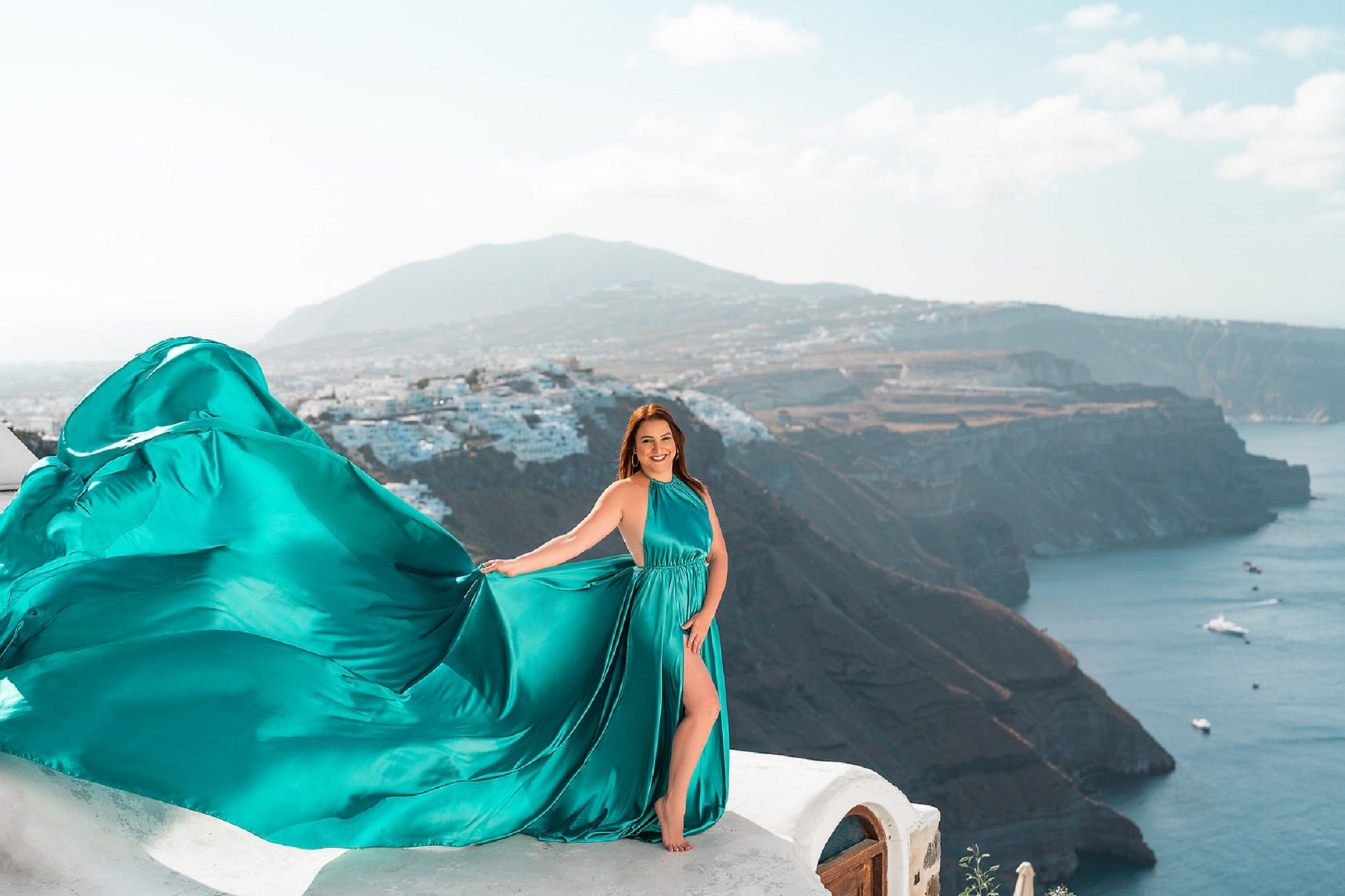 Satin Flying Dress Engagement Dress, Santorini Photoshoot Dress