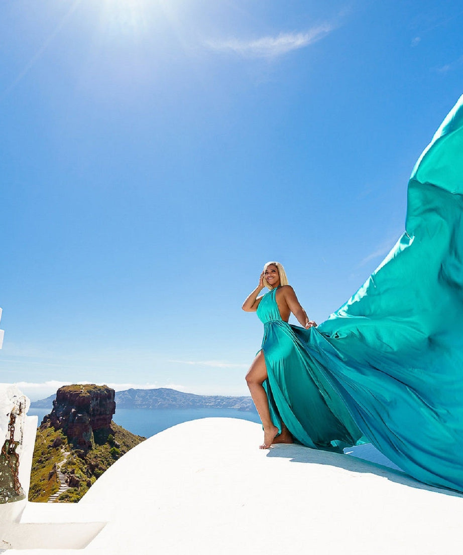 Satin Flying Dress Engagement Dress, Santorini Photoshoot Dress