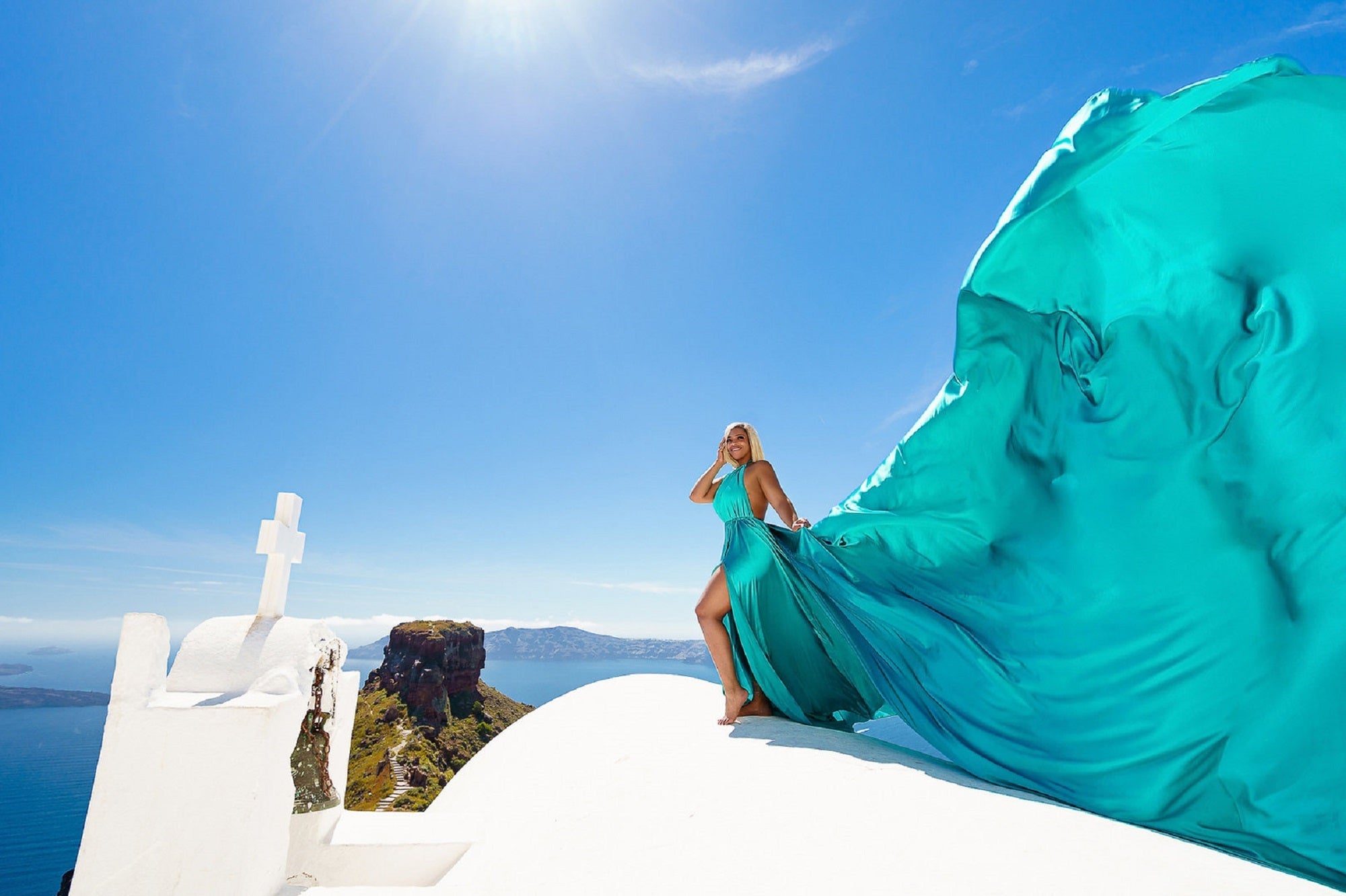 Satin Flying Dress Engagement Dress, Santorini Photoshoot Dress