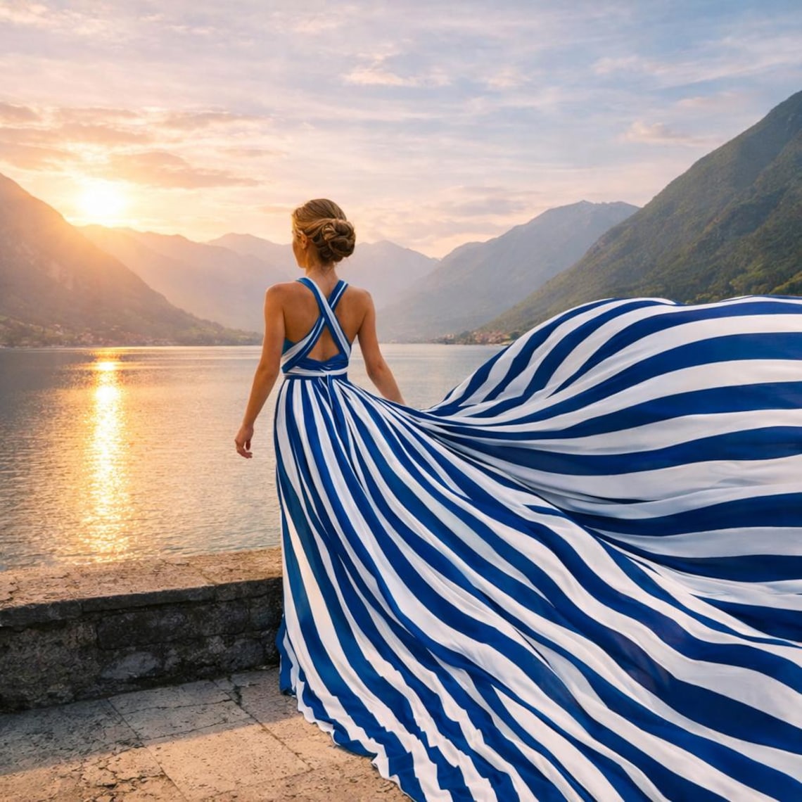 Luxury Flying Dress for Vacation Photoshoot Elegant Striped Maxi Gown with Dramatic Train