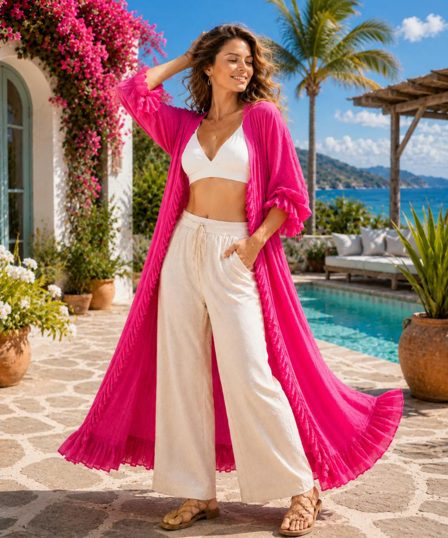 Long Ruffle Shrug for Women, Long Open Front Kimono, Bohemian Flowy Cardigan, Beach Cover Up, Resort Outfit(V)