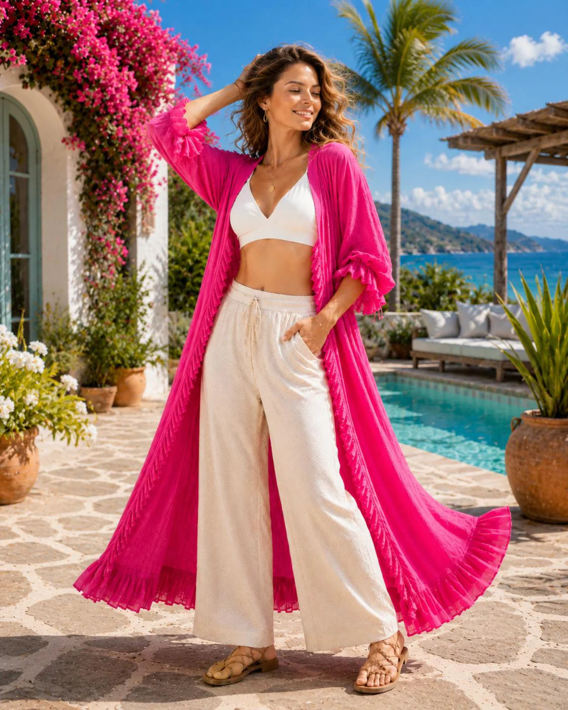 Long Ruffle Shrug for Women, Long Open Front Kimono, Bohemian Flowy Cardigan, Beach Cover Up, Resort Outfit(V)