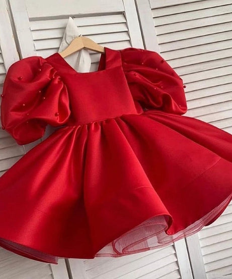 Baby girl pink dress with puff pearls sleeves