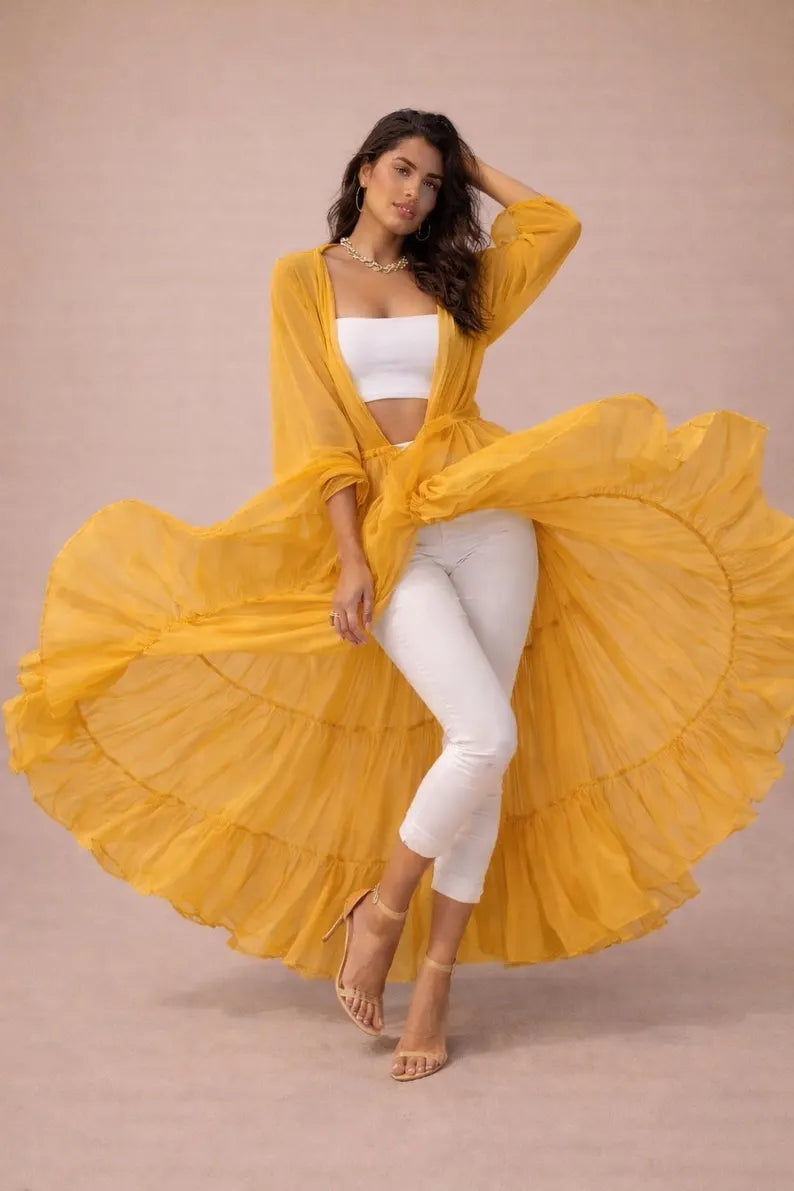 Women Flowy Sheer Shrug, Boho Maxi Cape, Layered Ruffle Kimono, Festival Wear