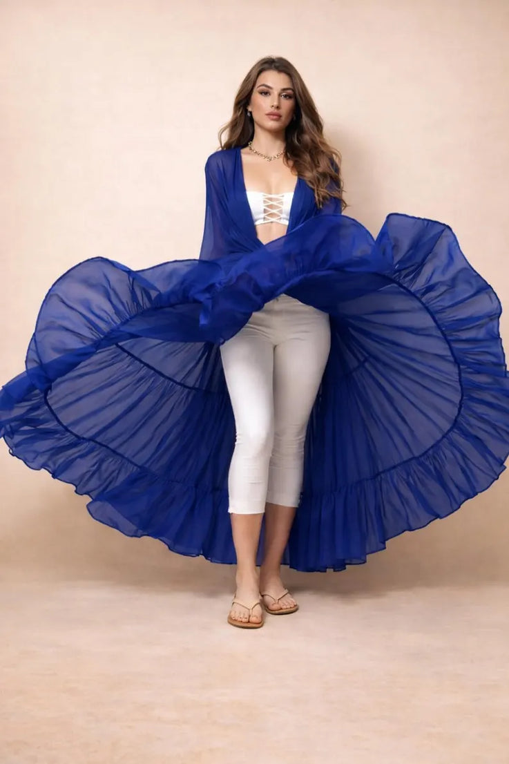 Women Flowy Sheer Shrug, Boho Maxi Cape, Layered Ruffle Kimono, Festival Wear