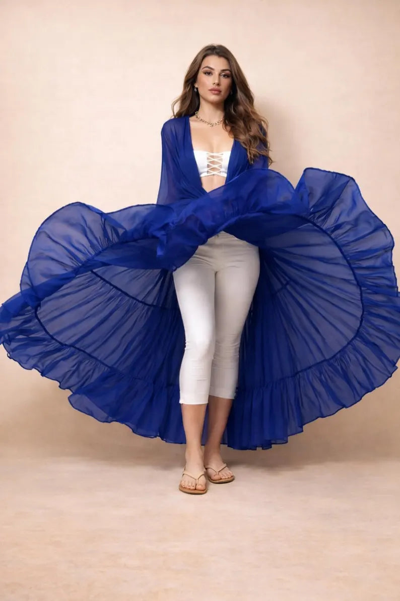 Women Flowy Sheer Shrug, Boho Maxi Cape, Layered Ruffle Kimono, Festival Wear