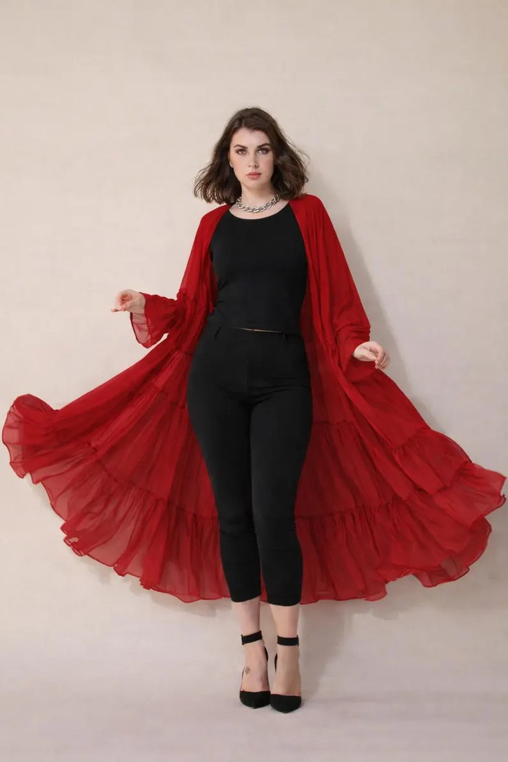 Women Flowy Sheer Shrug, Boho Maxi Cape, Layered Ruffle Kimono, Festival Wear