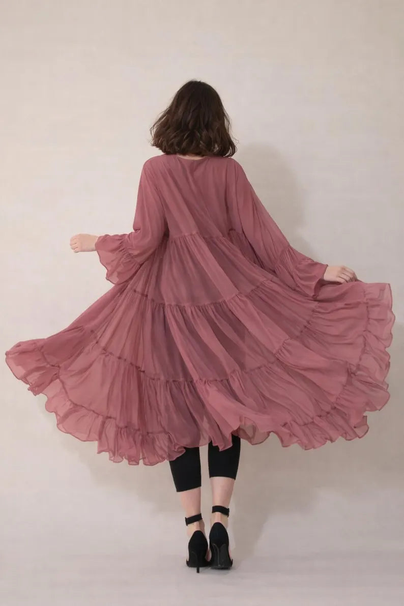 Women Flowy Sheer Shrug, Boho Maxi Cape, Layered Ruffle Kimono, Festival Wear