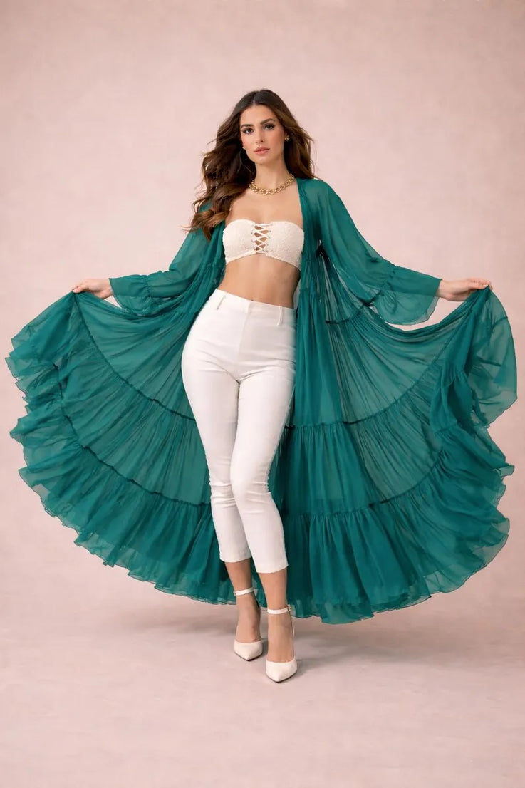 Women Flowy Sheer Shrug, Boho Maxi Cape, Layered Ruffle Kimono, Festival Wear