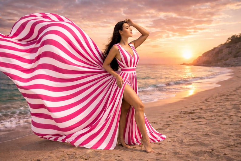 Luxury Flying Dress for Vacation Photoshoot Elegant Striped Maxi Gown with Dramatic Train