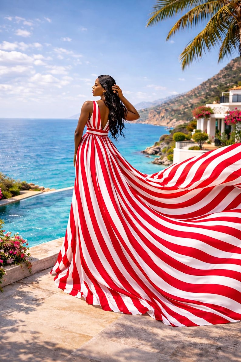 Luxury Flying Dress for Vacation Photoshoot Elegant Striped Maxi Gown with Dramatic Train