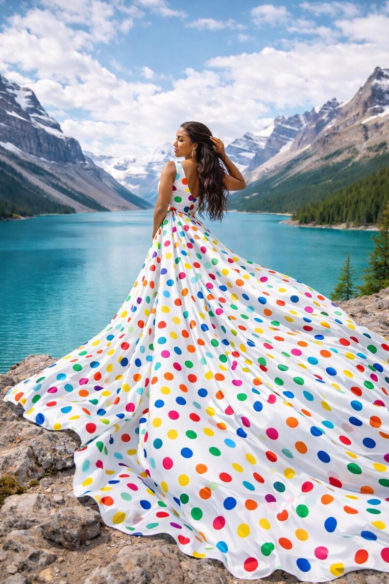 Women's White Rainbow Dot Flying Dress Dramatic Flowing Gown for Photography Sessions