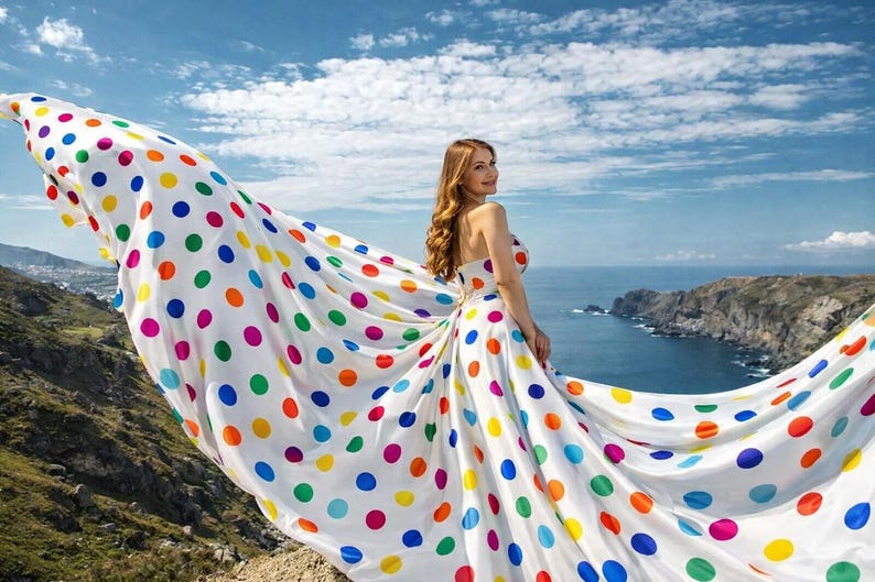 Women's White Rainbow Dot Flying Dress Dramatic Flowing Gown for Photography Sessions