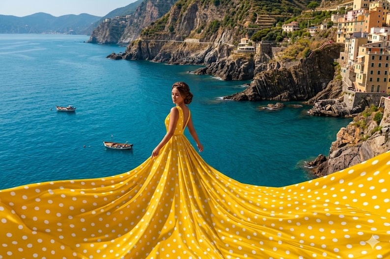 Women’s Long Tail Flying Dress Polka Dot Beach Photography Gown