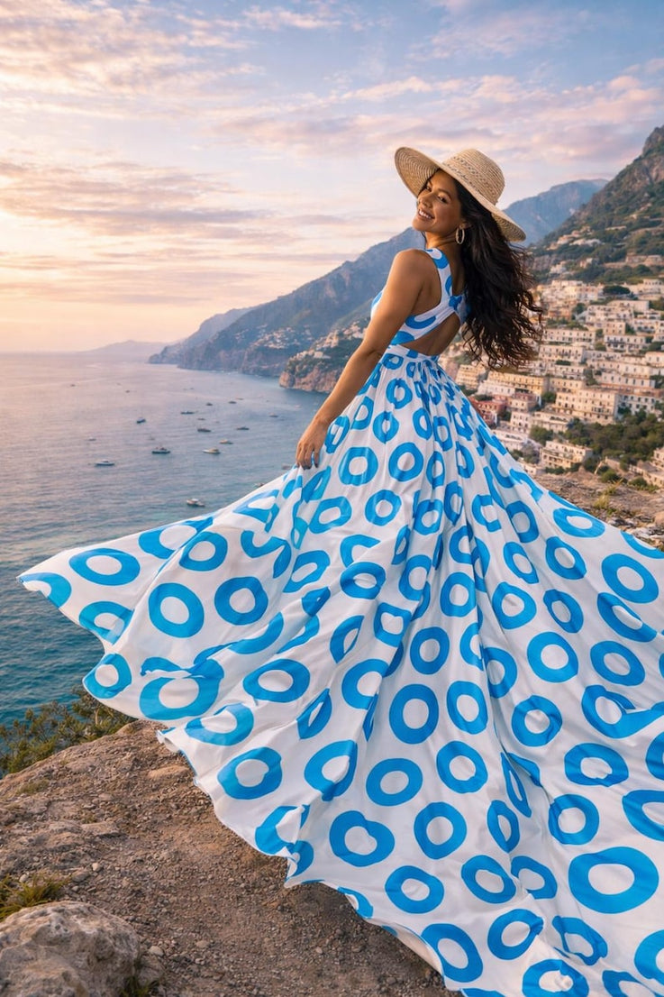 Elegant Polka Dot Maxi Dress for Women Flowy Summer Beach Vacation Gown