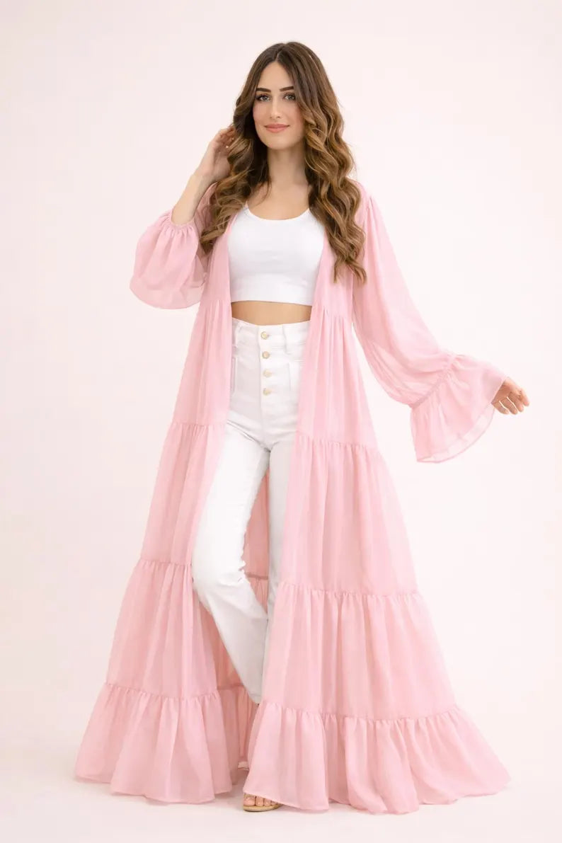 Flowing Georgette Maxi Robe with High-Low Train - 24 Color Options - Romantic Bridal Cape, Maternity Photoshoot Gown, or Formal Overlay