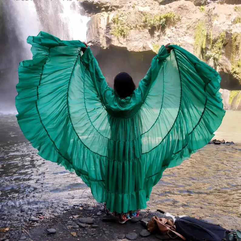 Boho Sheer Long Shrug for Women, Flowy Ruffle Kimono, Beach Cover Up, Photoshoot Outfit