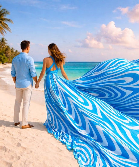 Luxury Zebra Swirl Print Flying Dress for Women, Long Train Beach Photoshoot Maxi Gown, Vacation Resort Wear