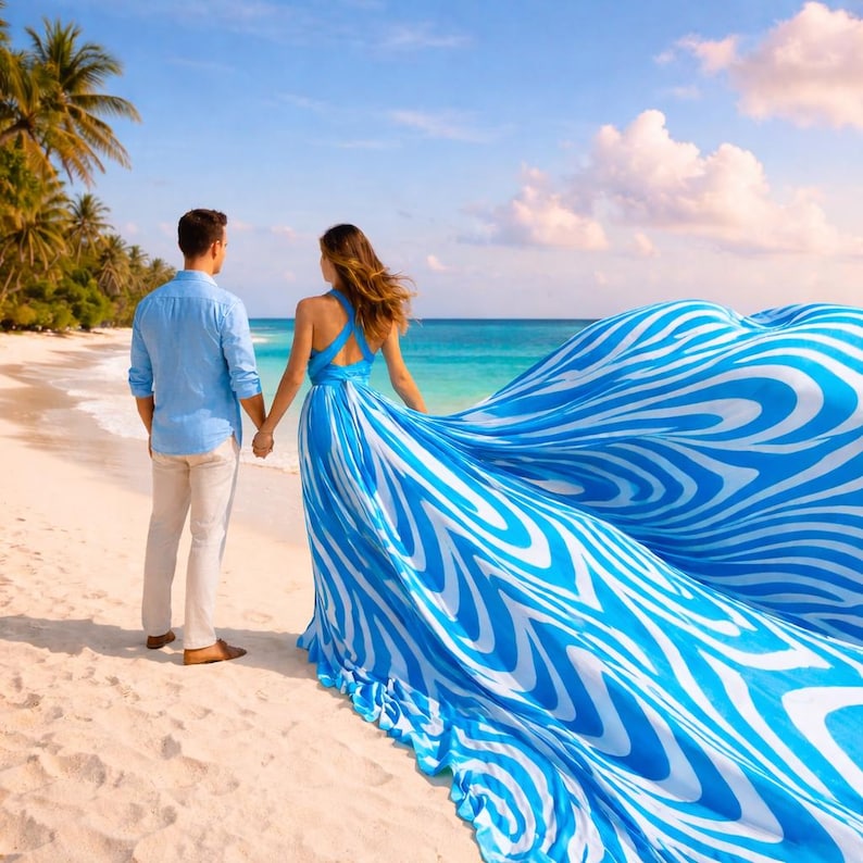 Luxury Zebra Swirl Print Flying Dress for Women, Long Train Beach Photoshoot Maxi Gown, Vacation Resort Wear
