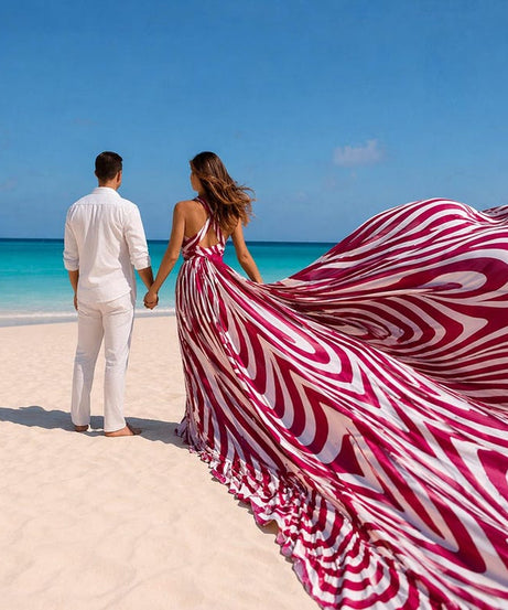 Luxury Zebra Swirl Print Flying Dress for Women, Long Train Beach Photoshoot Maxi Gown, Vacation Resort Wear
