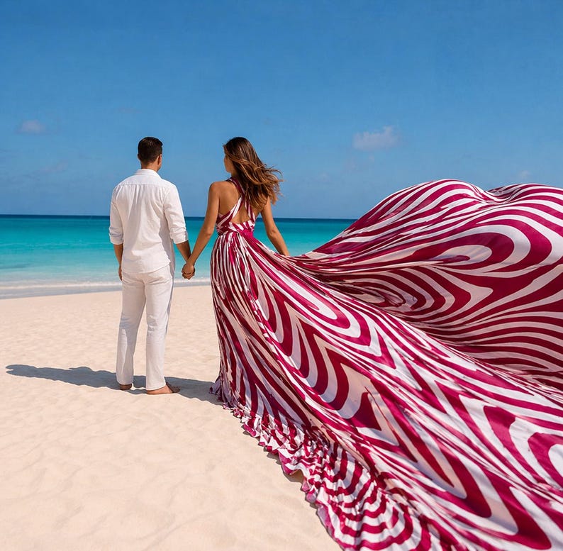 Luxury Zebra Swirl Print Flying Dress for Women, Long Train Beach Photoshoot Maxi Gown, Vacation Resort Wear