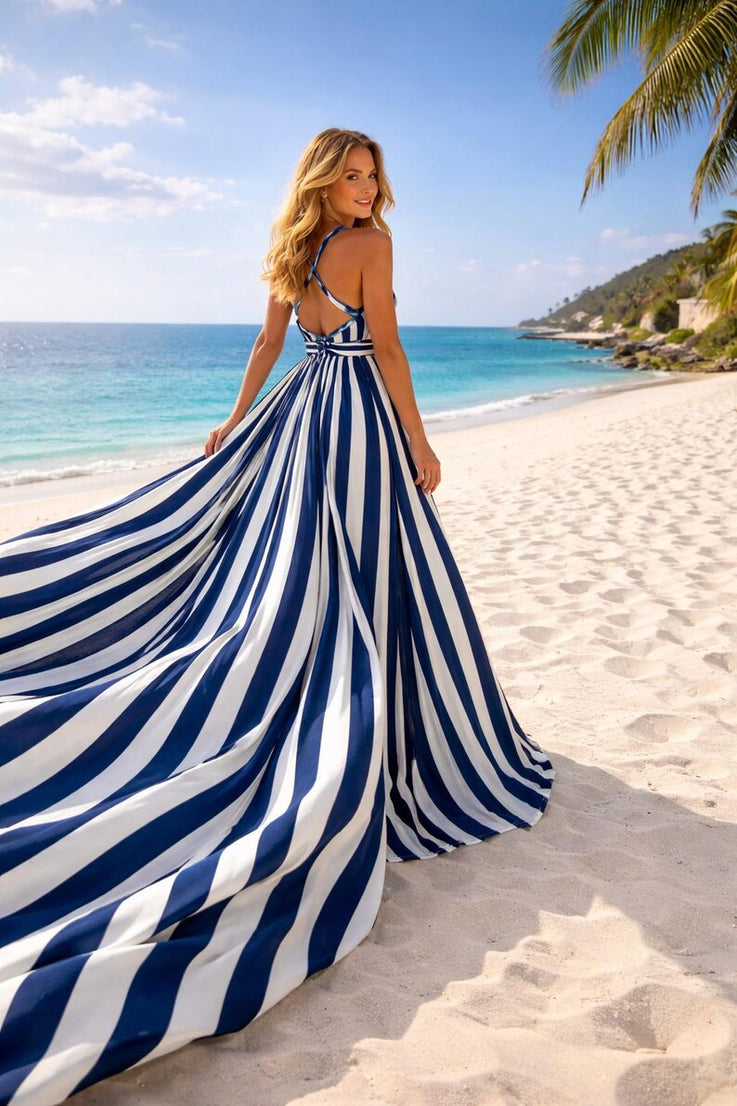 Luxury Flying Dress for Vacation Photoshoot Elegant Striped Maxi Gown with Dramatic Train