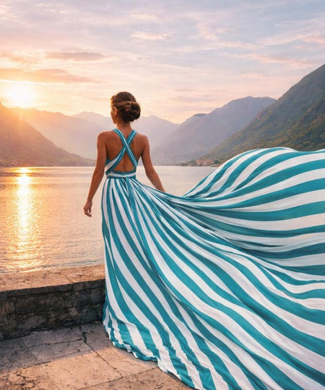 Luxury Flying Dress for Vacation Photoshoot Elegant Striped Maxi Gown with Dramatic Train
