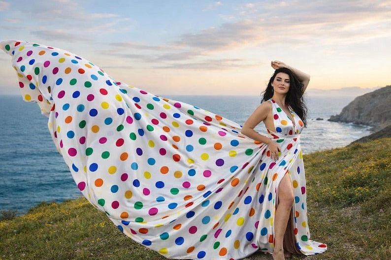 Women's White Rainbow Dot Flying Dress Dramatic Flowing Gown for Photography Sessions