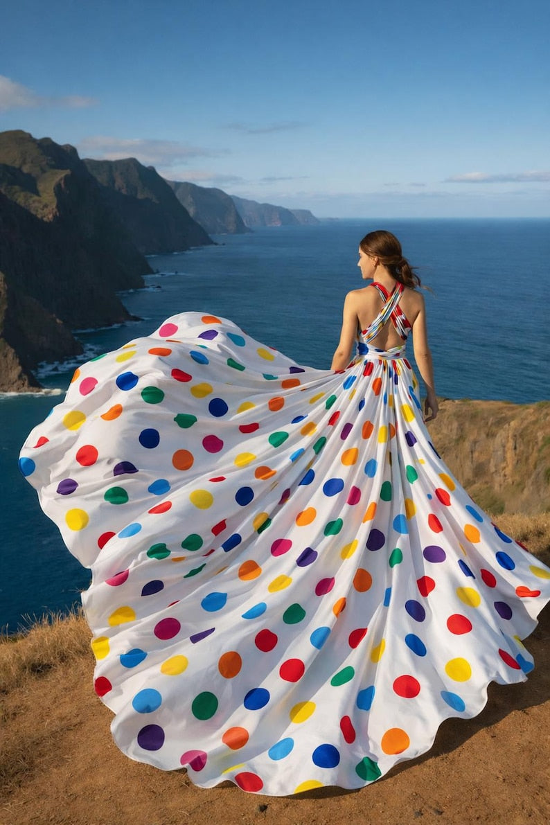 Women's White Rainbow Dot Flying Dress Dramatic Flowing Gown for Photography Sessions